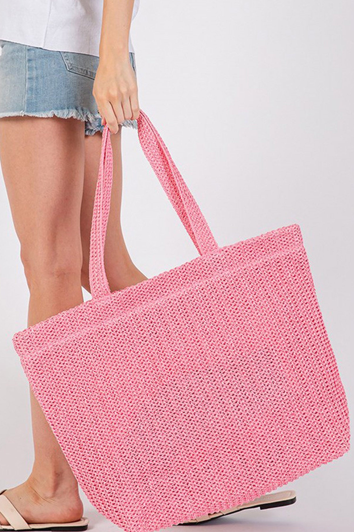Pink Solid Color Straw Woven Summer Beach Tote Bag