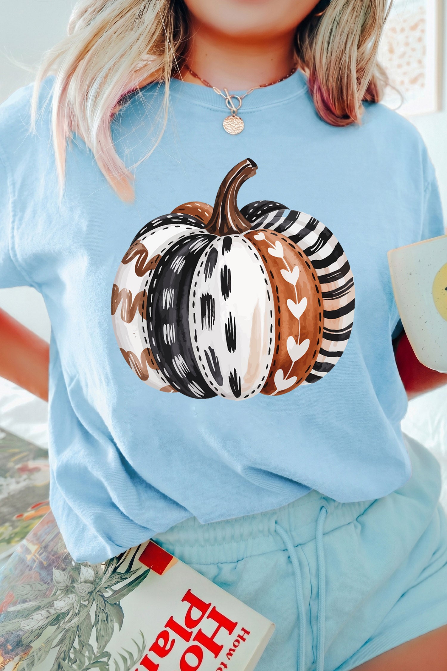 Light Blue Thanksgiving Pumpkin Print Graphic T-Shirt