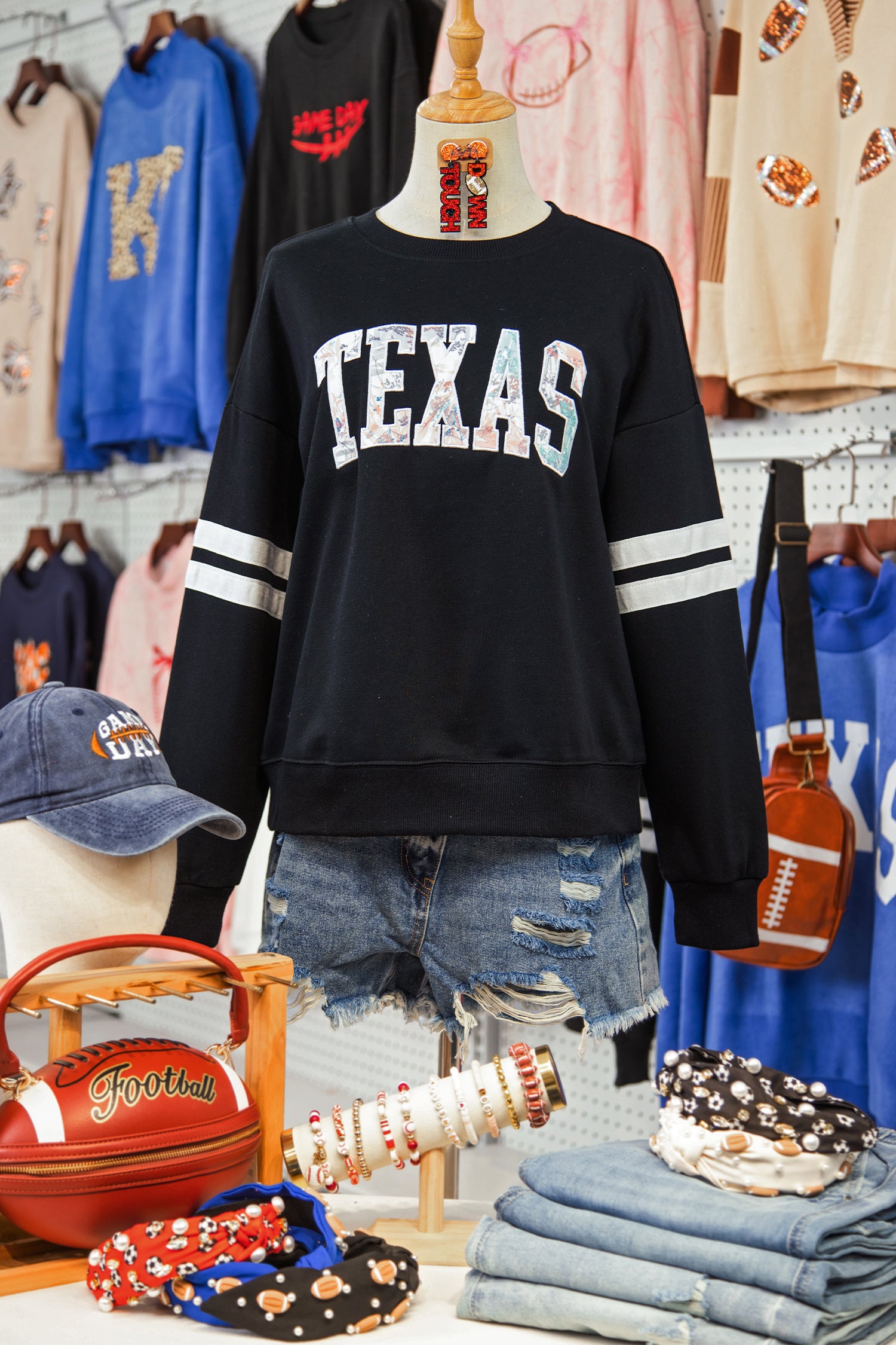 Black TEXAS Embroidered Trim Patched Graphic Oversized Varsity Sweatshirt