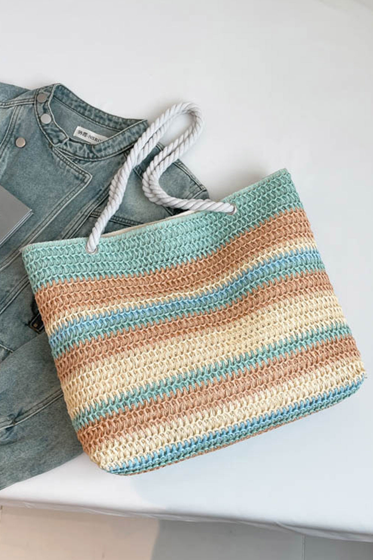 White Striped Color Block Woven Straw Tote Bag