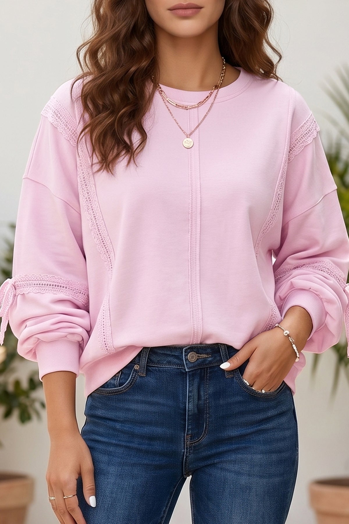 Pink Solid Color Raw Seam Lace Detail Loose Casual Sweatshirt