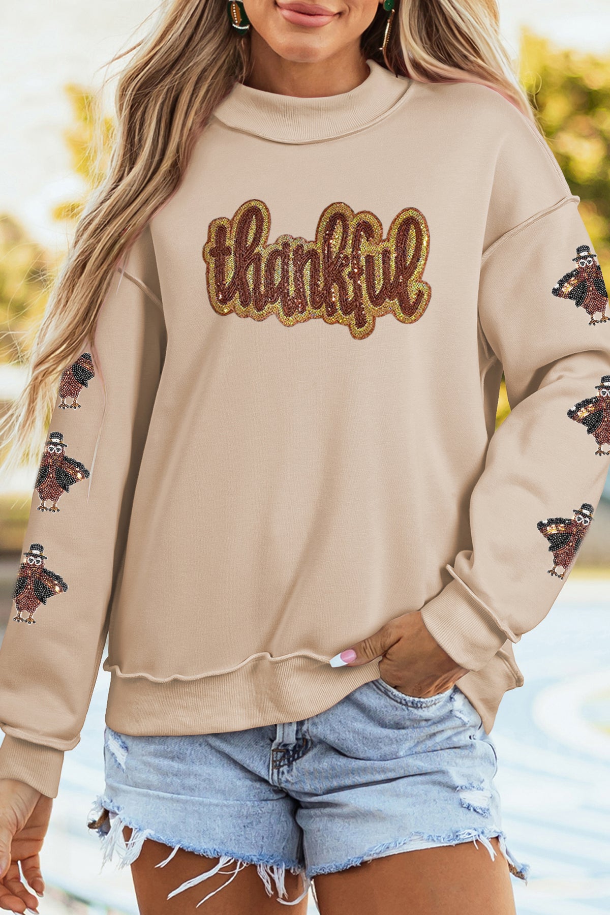 Apricot Sequin Thankful Graphic Exposed Seam Mock Neck Turkey Sleeve Pullover Sweatshirt