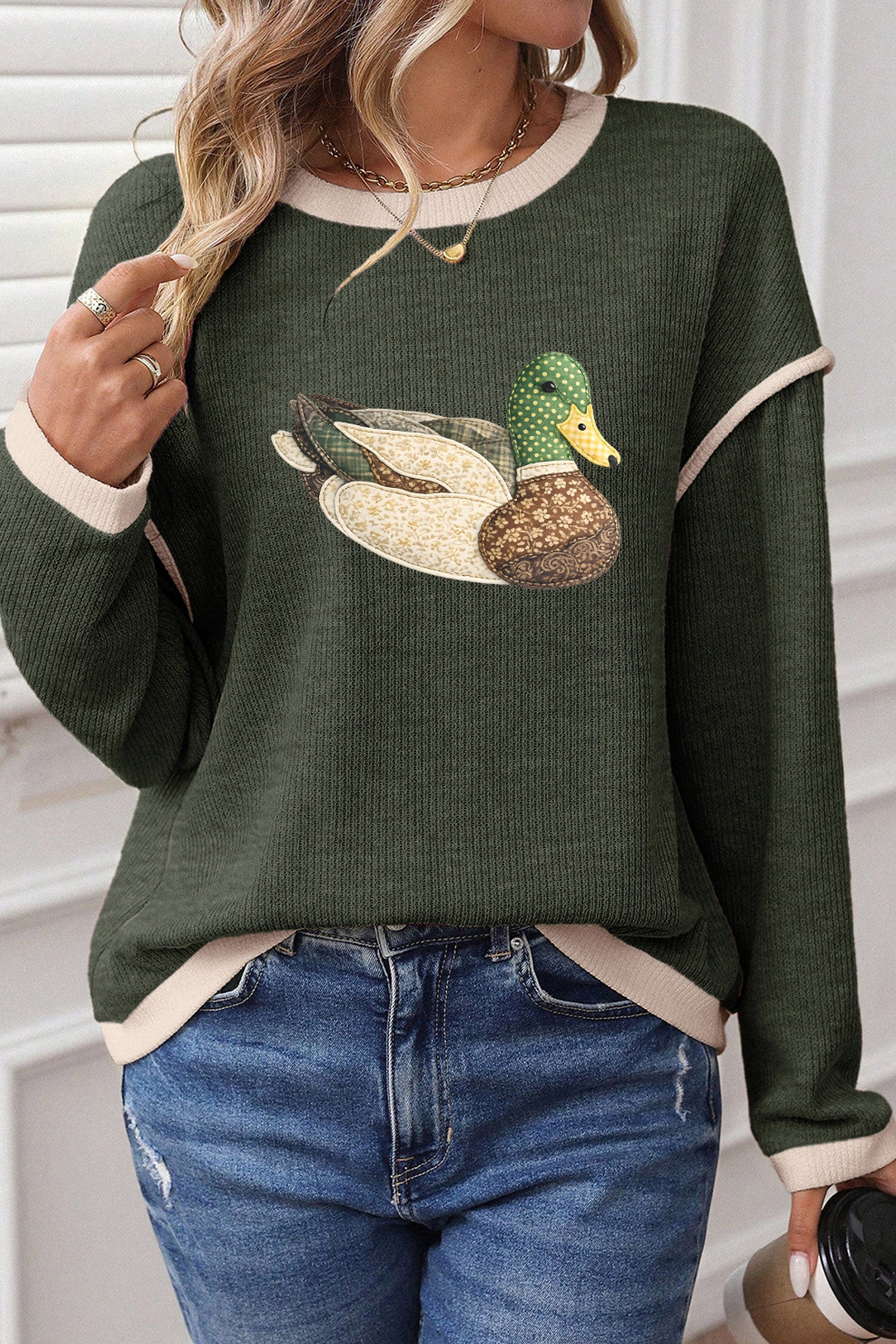 Four Leaf Clover Mallard Duck Graphic Contrast Trim Patchwork Casual Knit Top