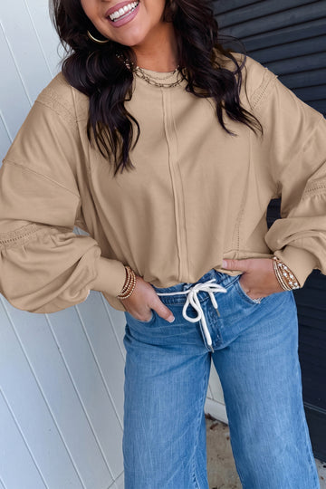 Parchment Solid Color Raw Seam Lace Detail Loose Casual Sweatshirt