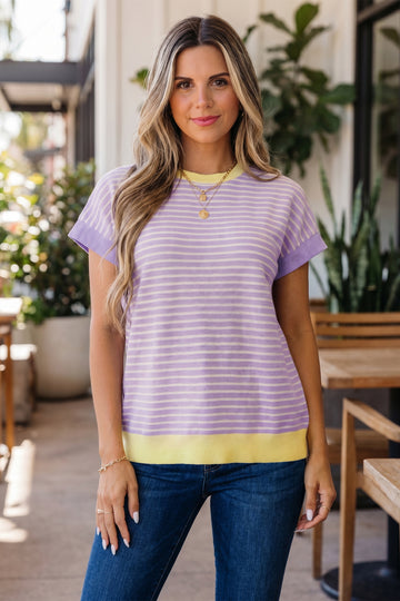 Purple Stripe Striped Colorblock Paneling Collar Cuff Hem Texture T-Shirt