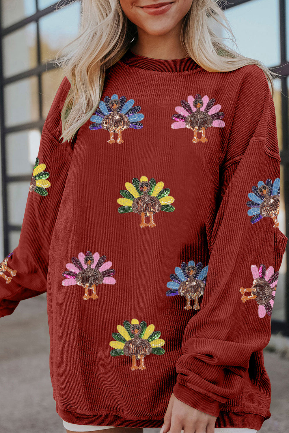 Racing Red Turkey Graphic Corded Baggy Sweatshirt