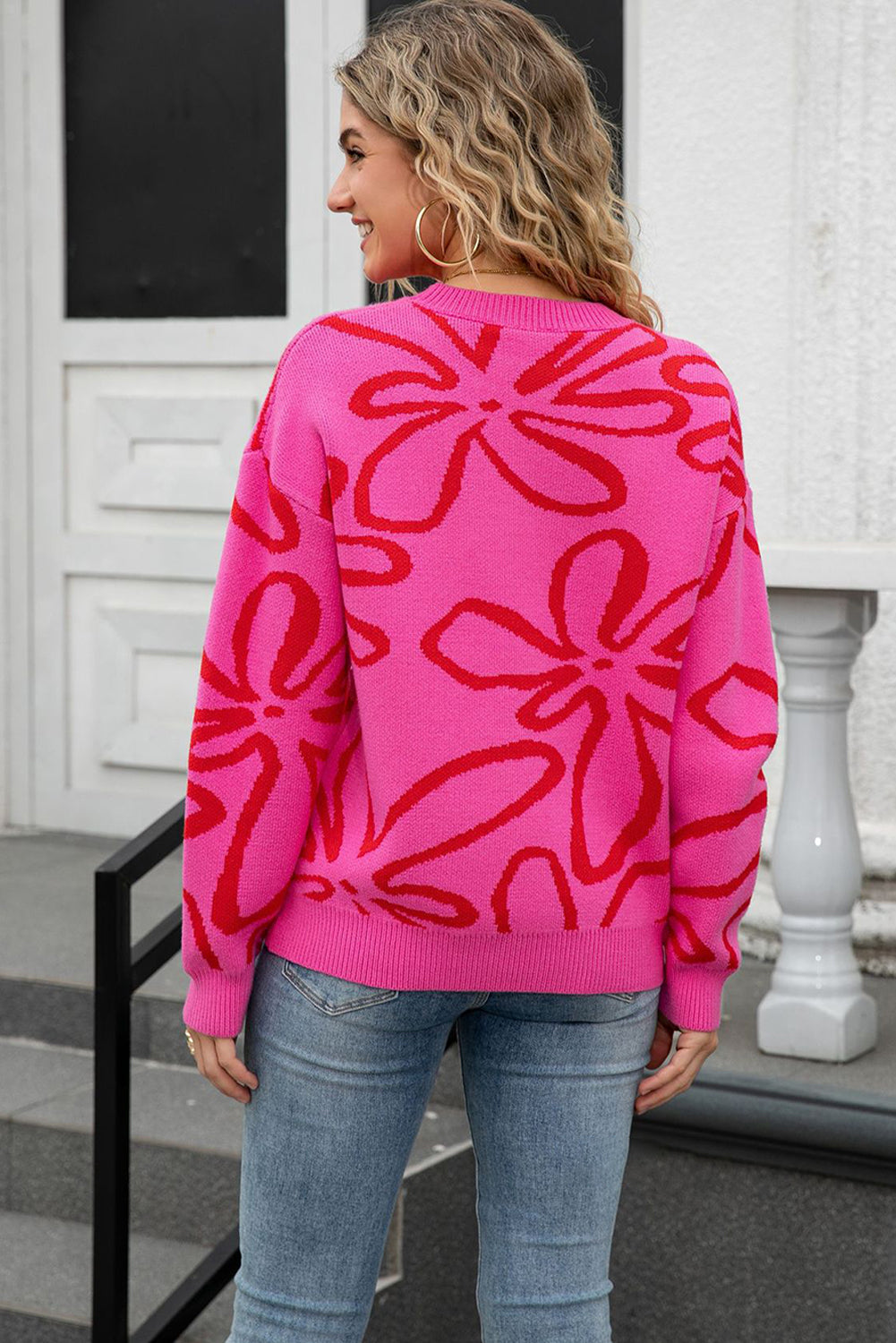Rose Flower Pattern Ribbed Crew Neck Drop Shoulder Knit Sweater