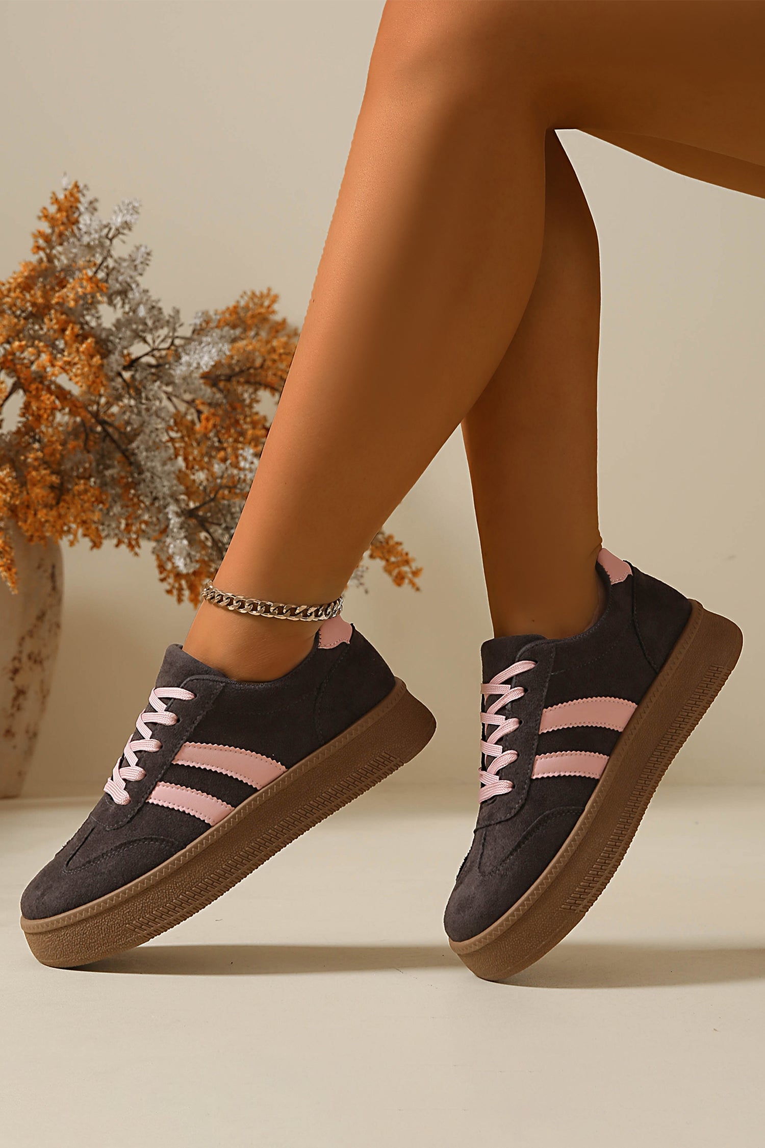 Pink Contrast PU Leather Detail Lace Up Casual Shoes