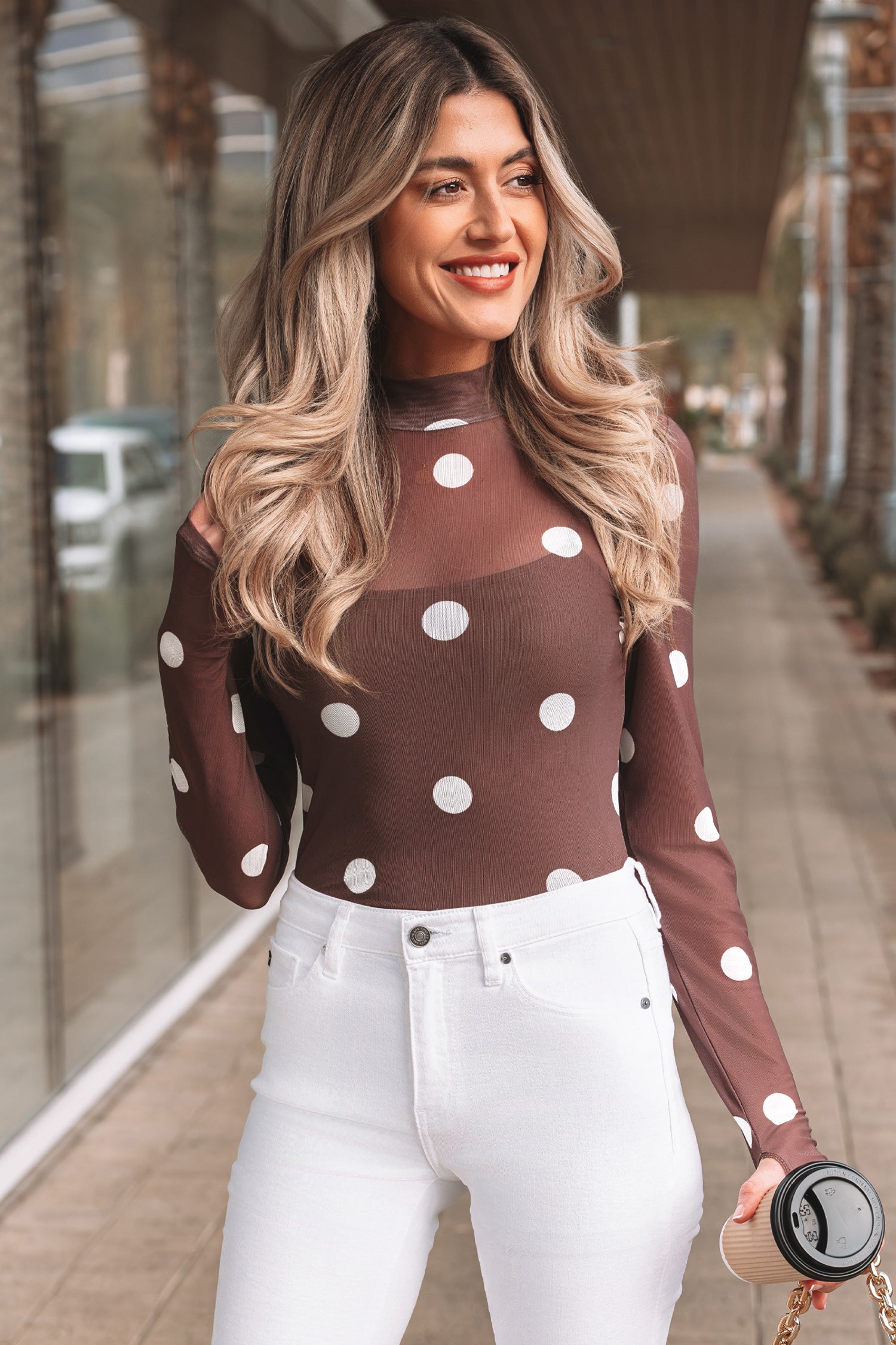 Brown Vintage Polka Dot Print Mesh Long Sleeve Bodysuit