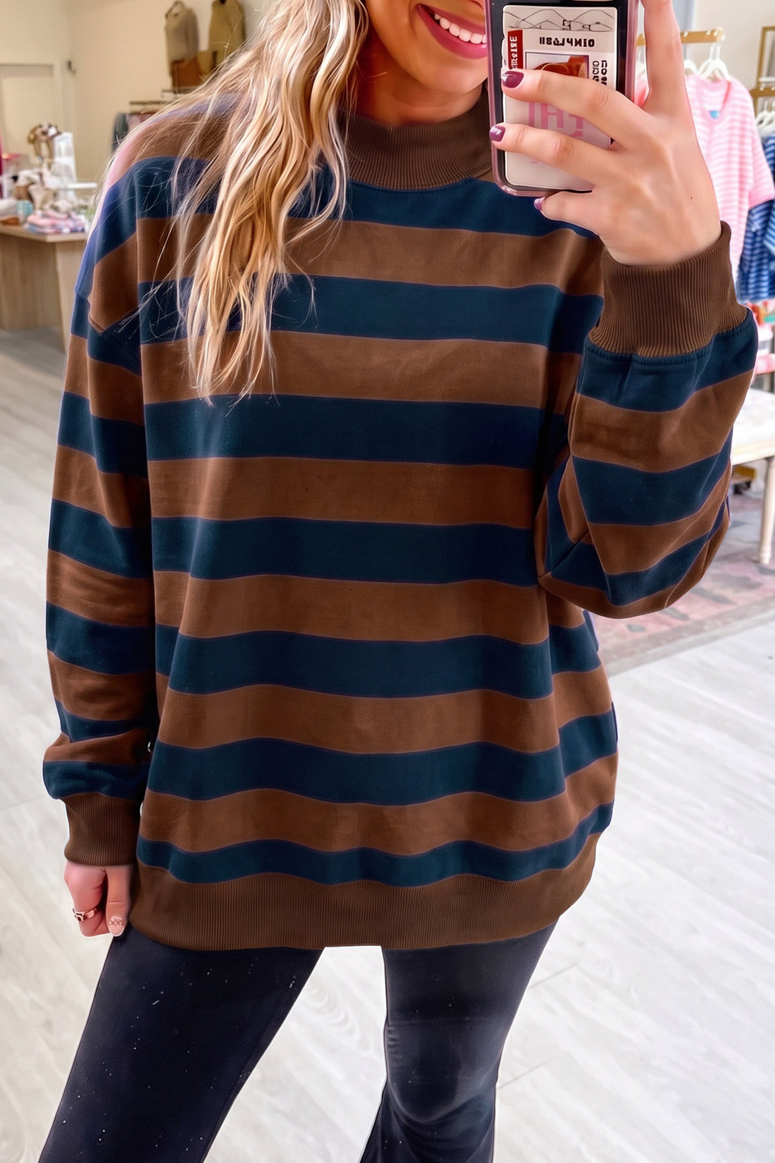 Brown Stripe Colorblock Mock Neck Relaxed Sweatshirt
