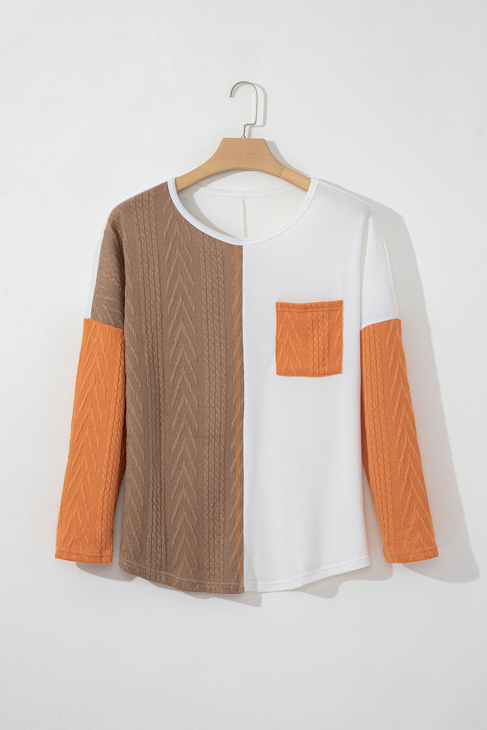 Chestnut Plus Size Color Block Textured Patchwork Top with Pocket