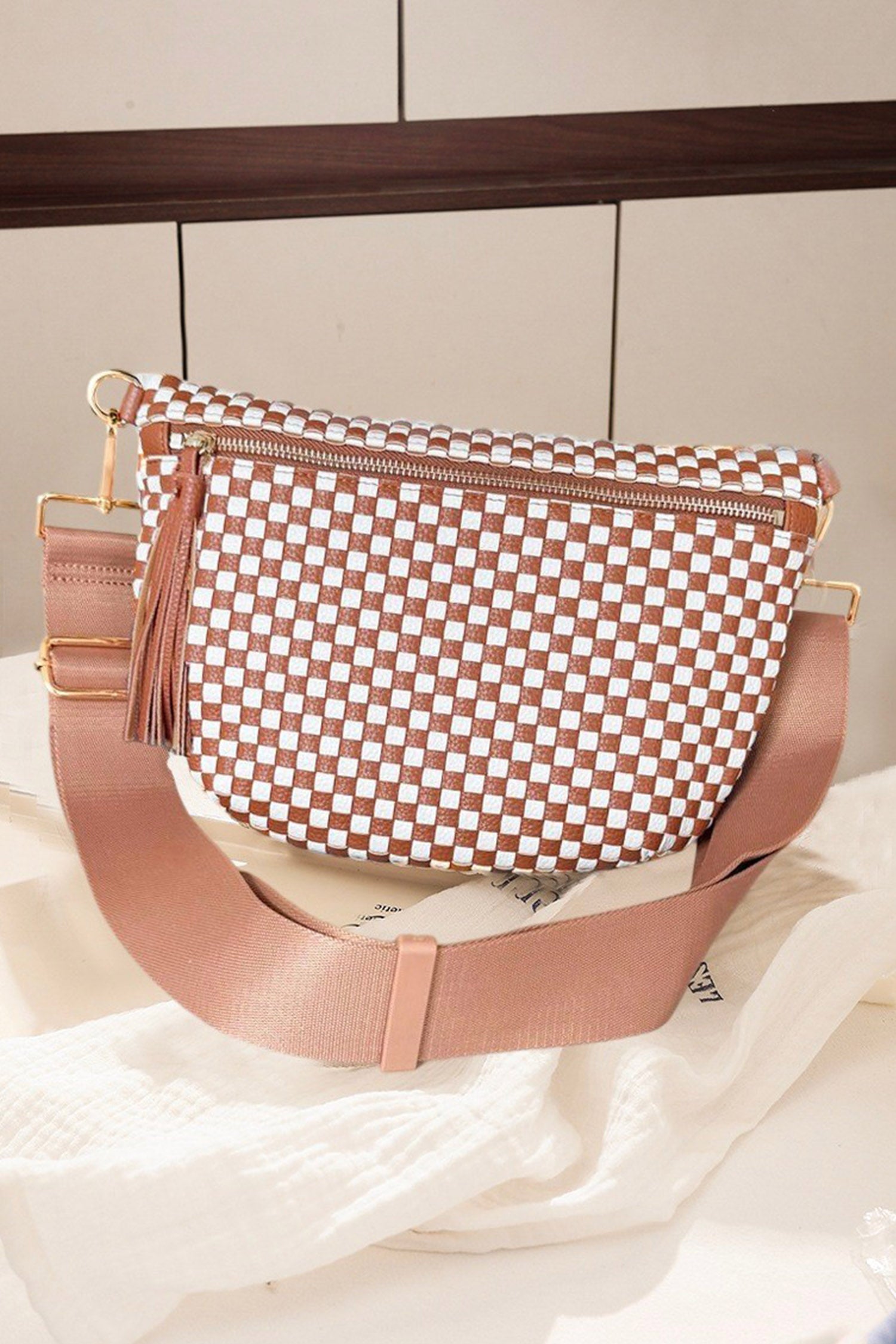 Camel Checkered Woven PU Leather Crossbody Bag Adjustable Strap Large Size