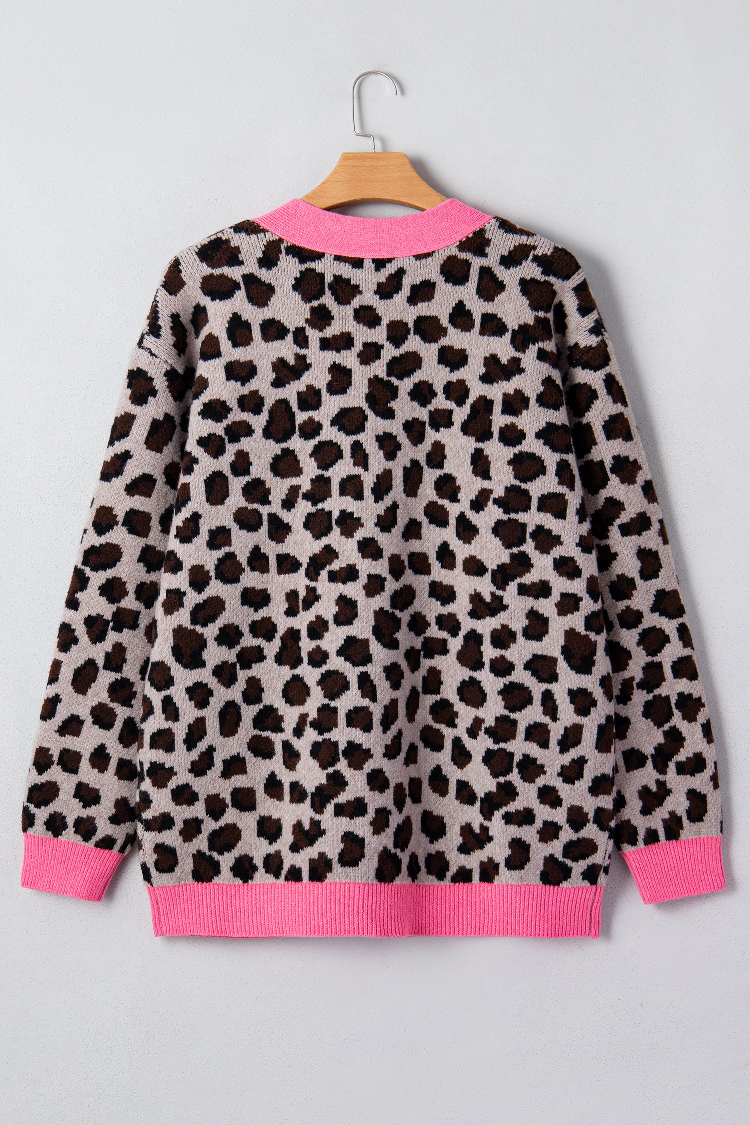 Khaki Oversize Color Block Trim Button Down Leopard Print Cardigan