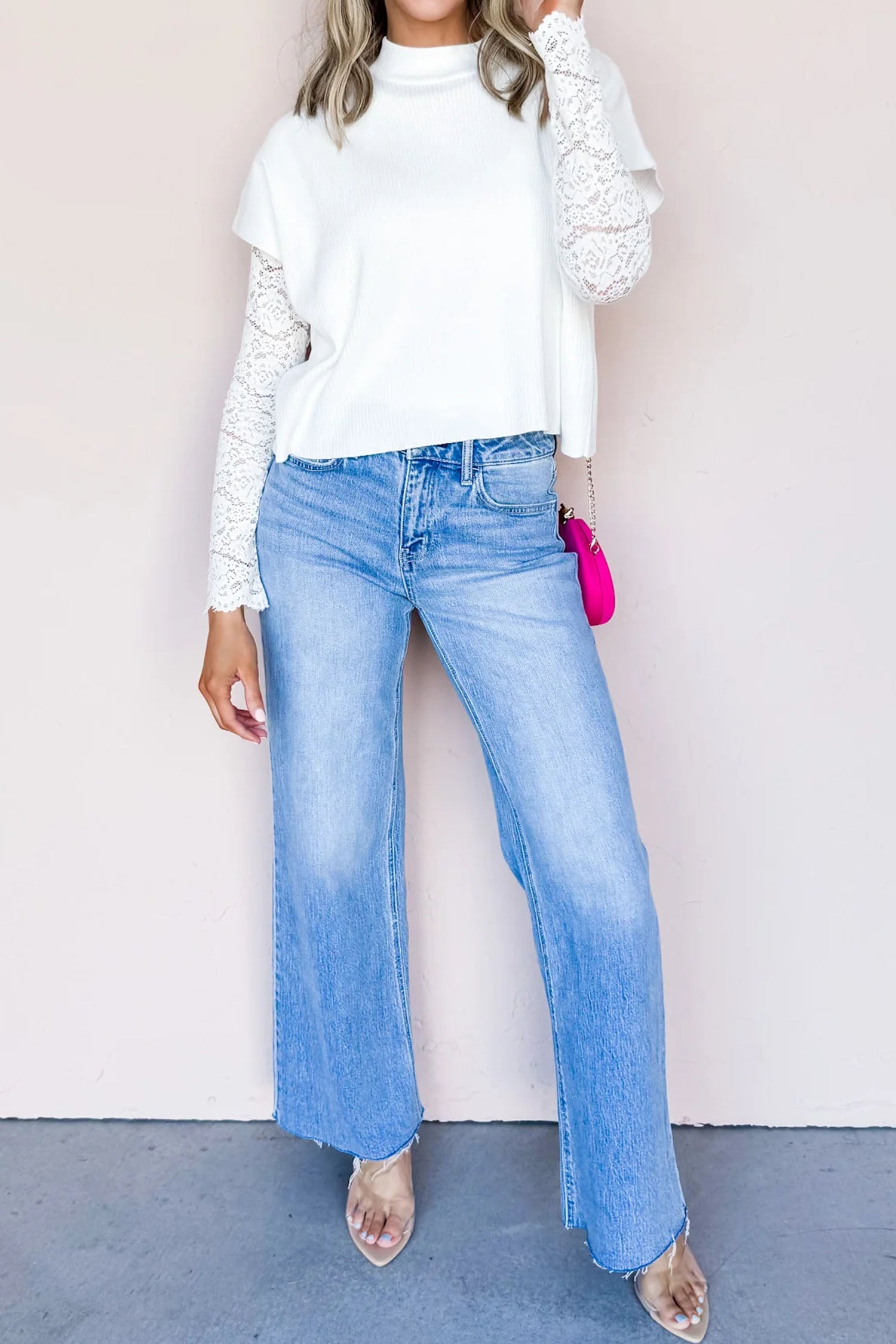 White Solid Color Ribbed Knit Mock Neck Loose Short Sleeve Sweater