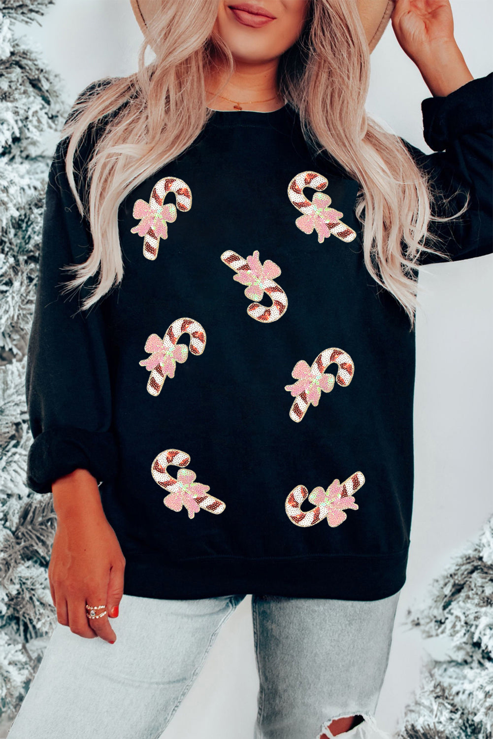 Black Christmas Candy Cane Sequin Patch Baggy Sweatshirt