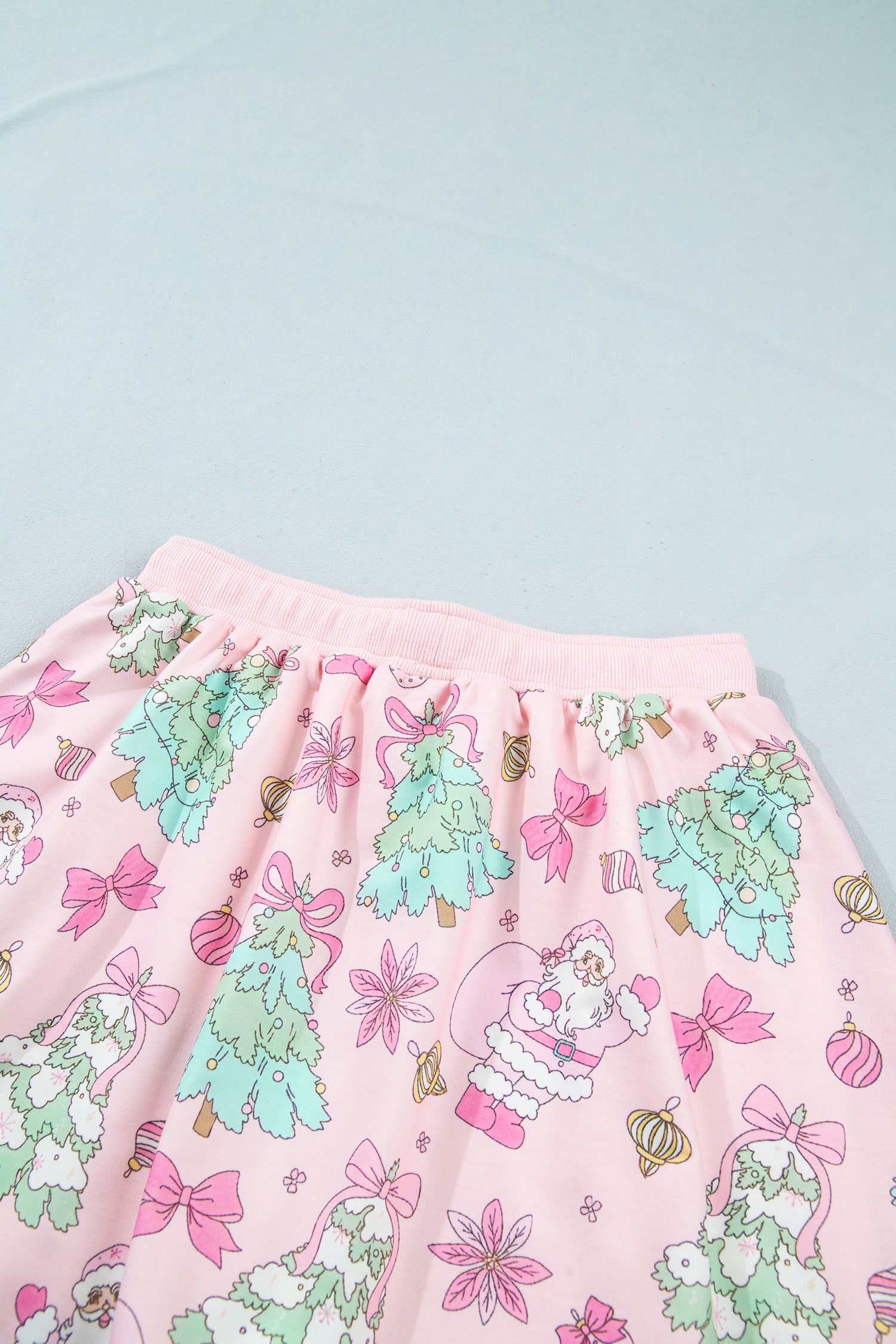 Pink Floral Print Lace Trim Long Sleeve Skirt Set