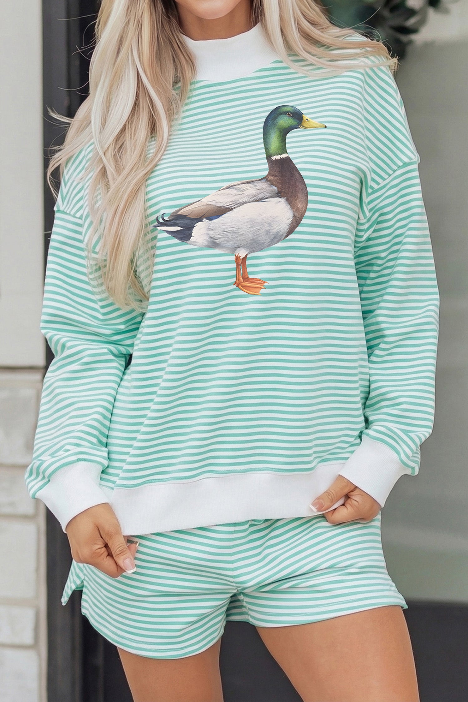 Green Stripe Western Print Mallard Duck Mock Neck Sweatshirt Set