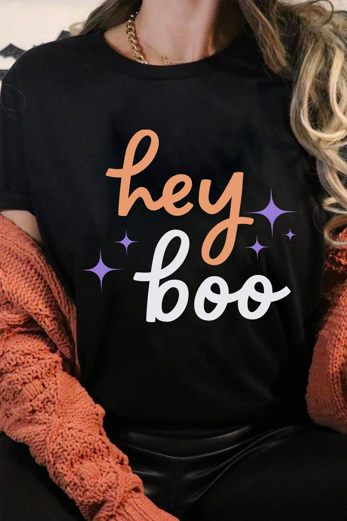 Black Hey Boo Slogan Halloween Round Neck Casual T Shirt