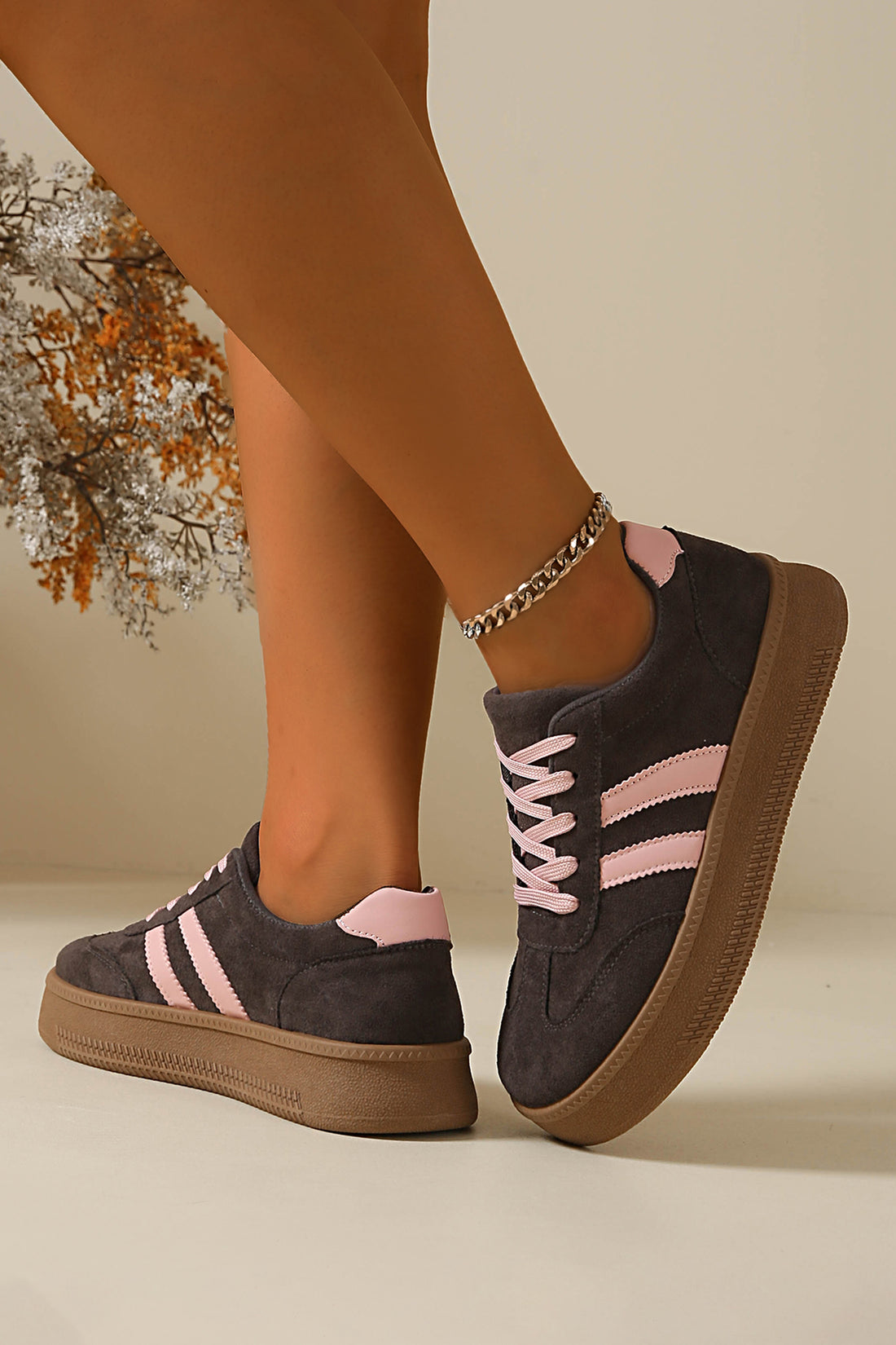 Pink Contrast PU Leather Detail Lace Up Casual Shoes
