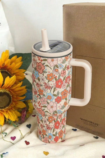 White Floral Print Flip Straw Single Handle Travel Cup