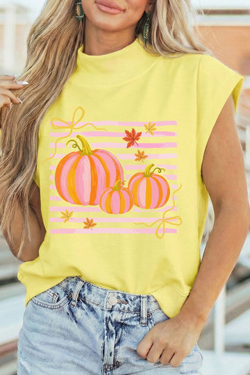 Yellow Pumpkin Striped Print High Neck Cap Sleeve Top