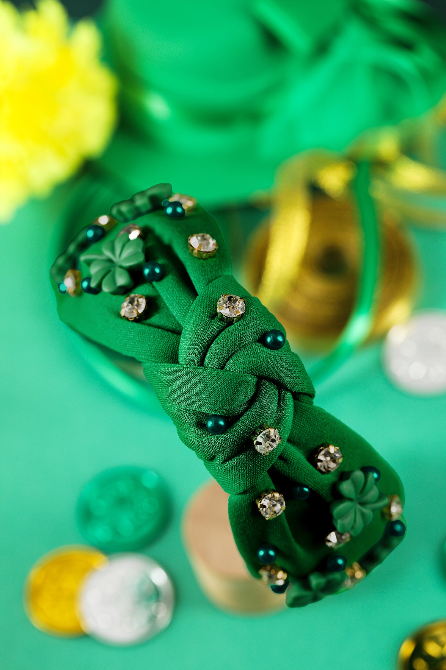 Dark Green Pearl Bead Rhinestone Embellished Lucky Clover Knotted Headband