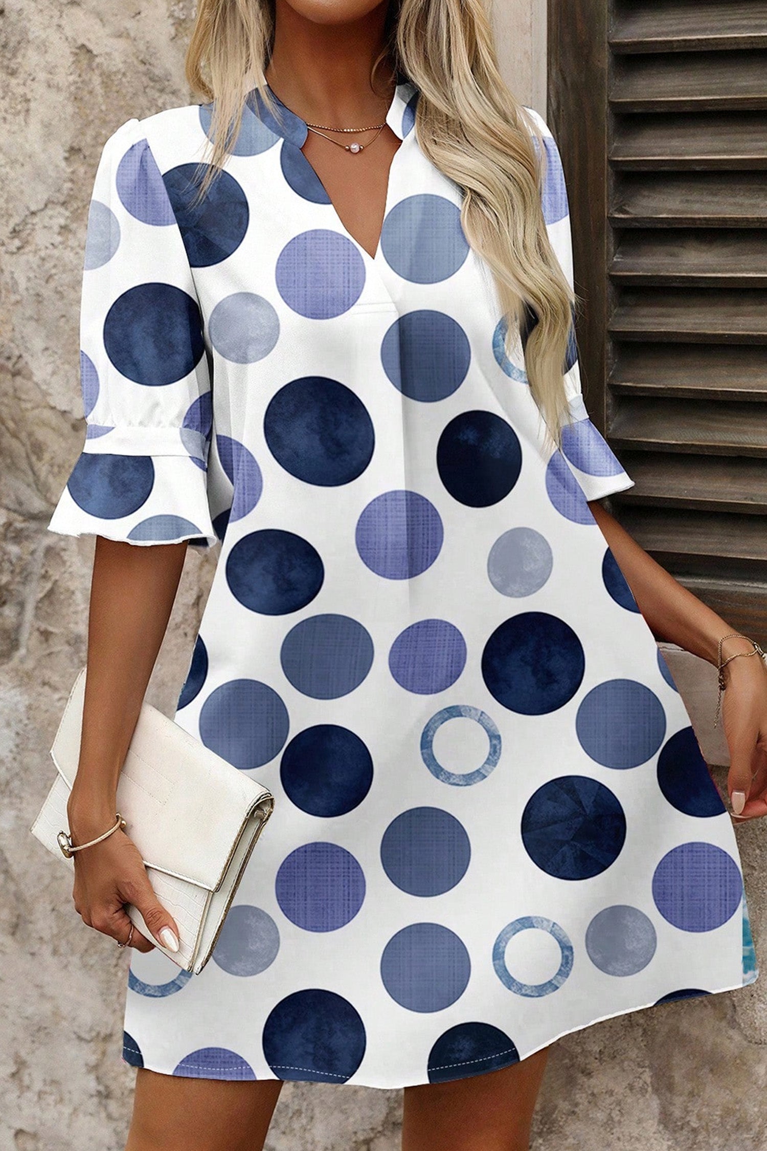 Blue Polka Dot Print Flounced Half Sleeve Casual Vacation Style Mini Dress