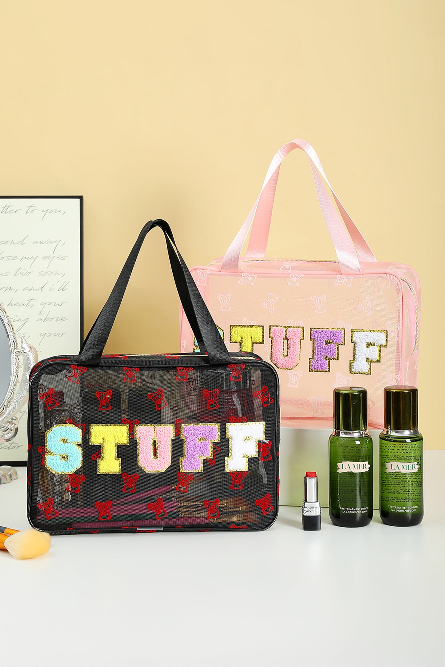 Color black STUFF Chenille Letter Patched Teddy Bear Mesh Lightweight Makeup Bag