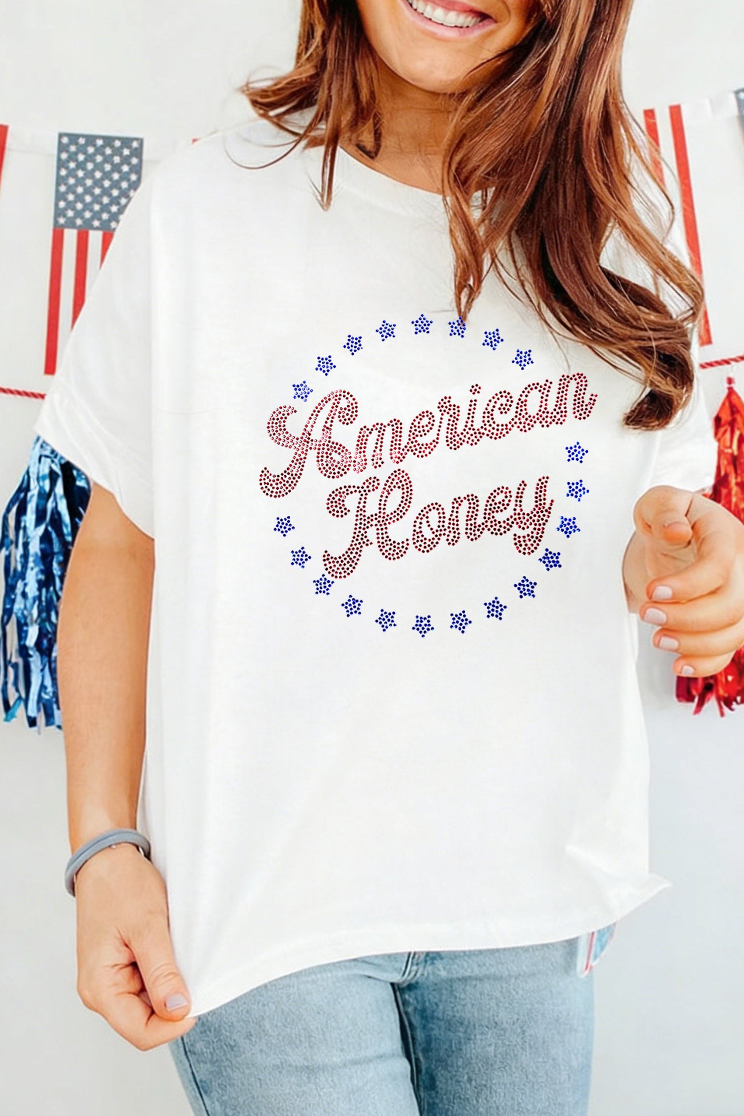 White Patriotic American Honey Rhinestone Graphic T-Shirt