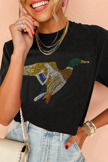 Black Rhinestone Flying Mallard Graphic Casual Round Neck T Shirt