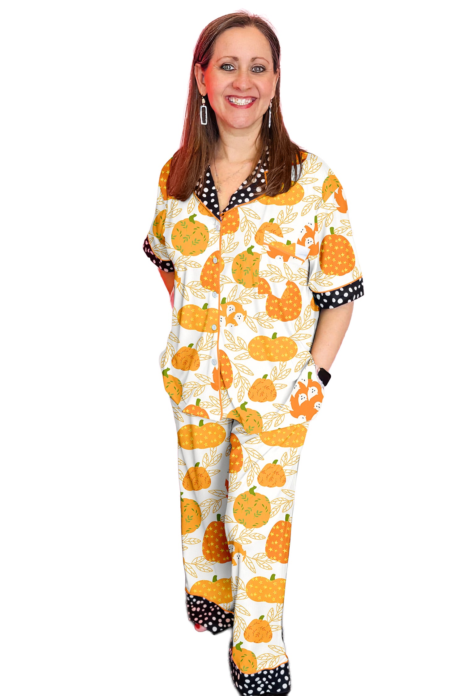 Orange Short Sleeve Pumpkin Print Polka Dot Trim Pocket Pocket Placket Home Wear Lounge Set