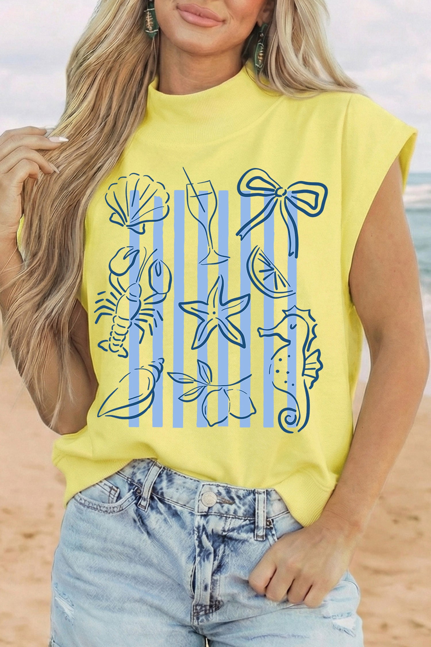 Yellow Seashell Coquette Striped Print High Neck Top