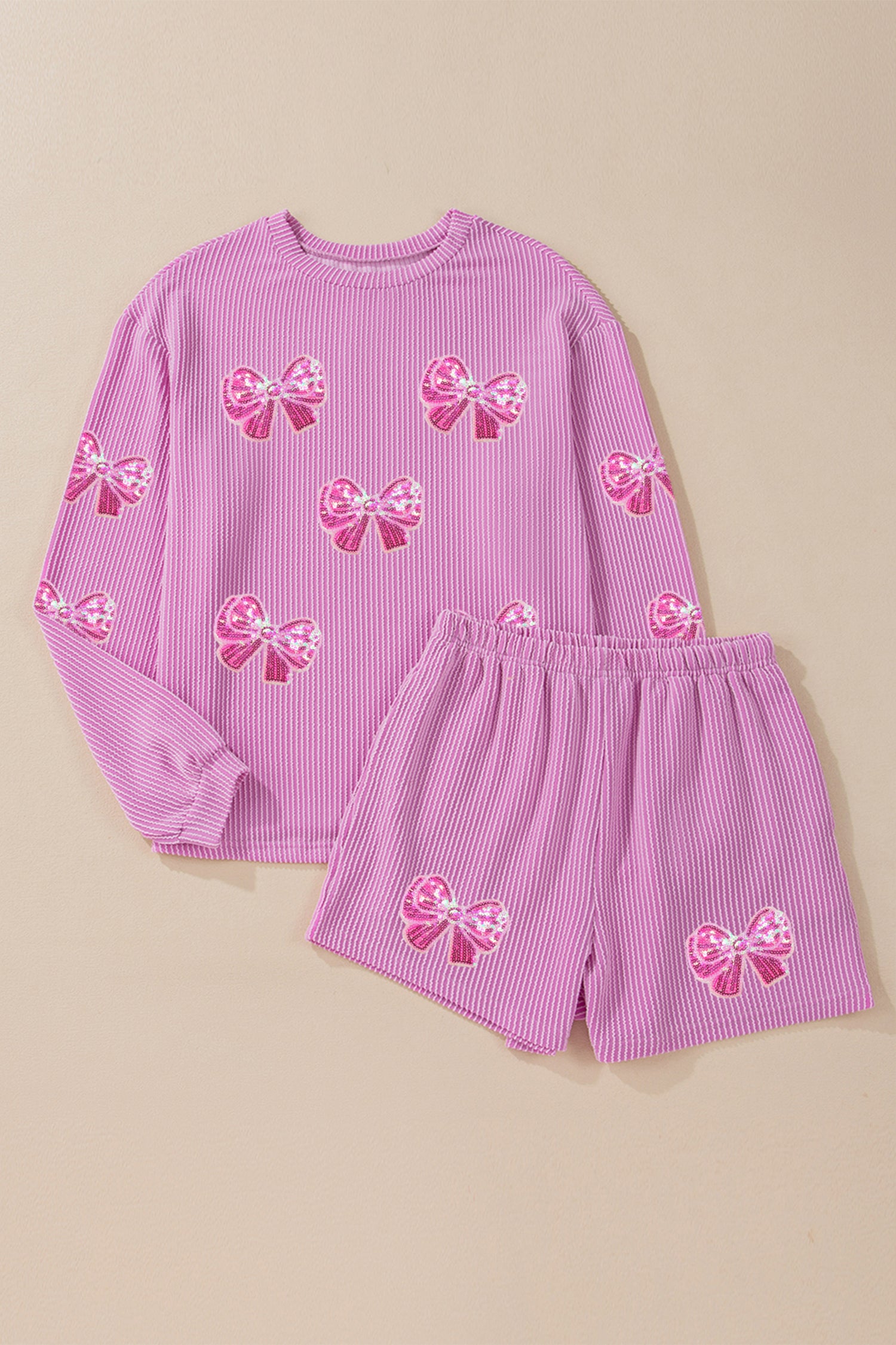Phalaenopsis Corded Rib Sequin Bow Patched Long Sleeve Top and Shorts 2pcs Set