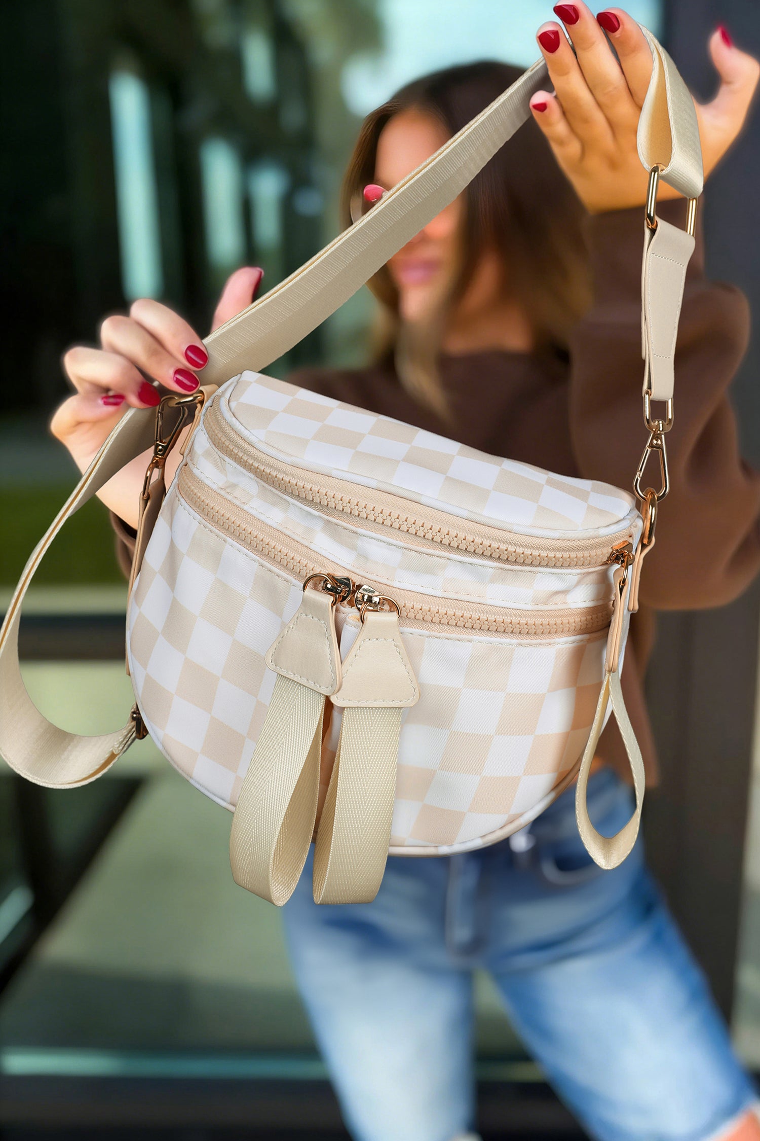 Oatmeal Checkered Print Multi Pocket Zipped Canvas Crossbody Bag