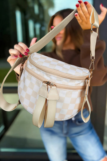 Oatmeal Checkered Print Multi Pocket Zipped Canvas Crossbody Bag