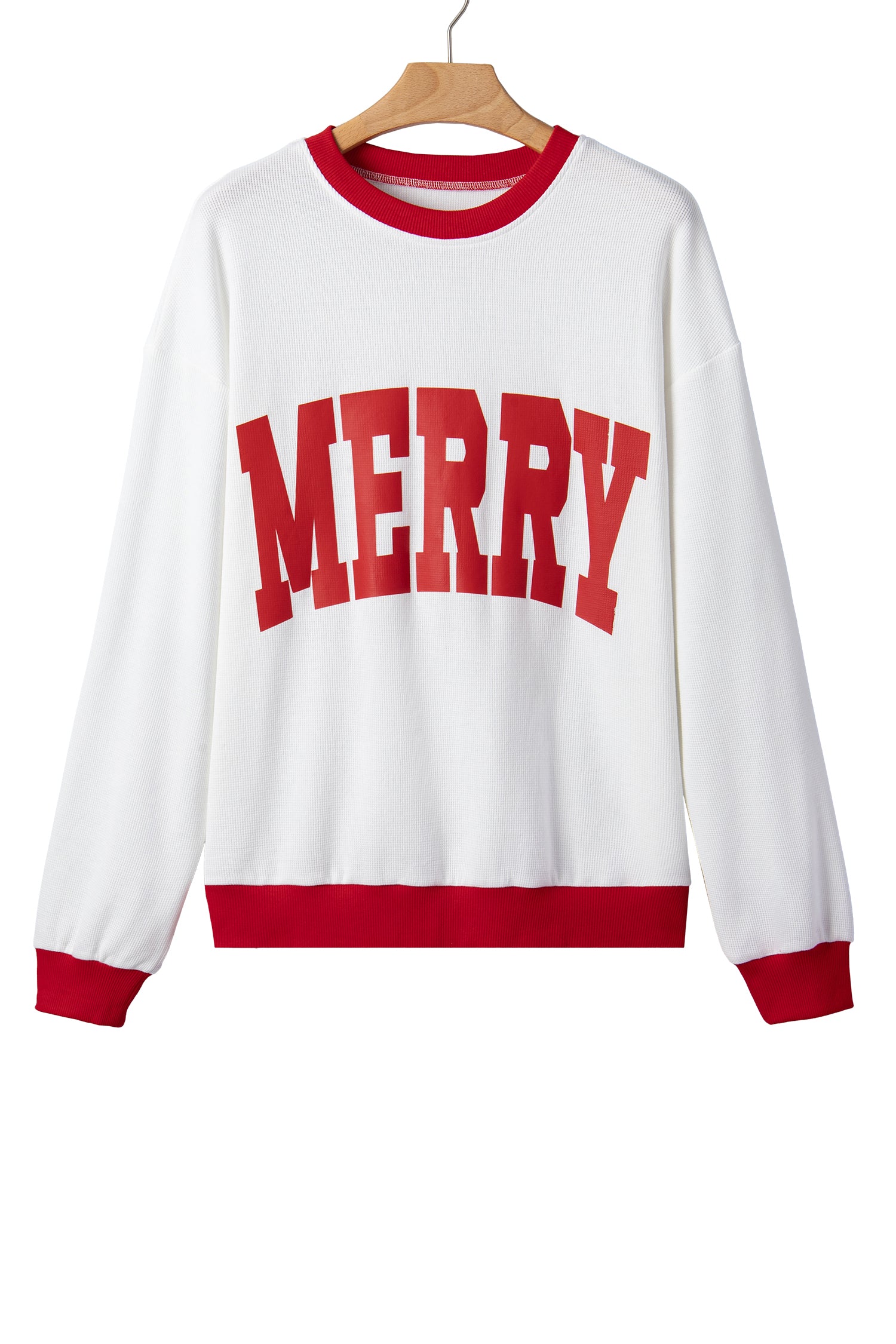 Beige Color Block Trim Merry Slogan Pullover Sweatshirt