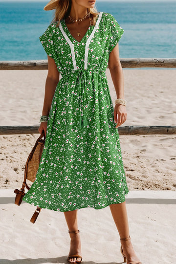 Green Abstract Print Embroidered Trim V Neck Drawstring High Waist Loose Vacation Dress