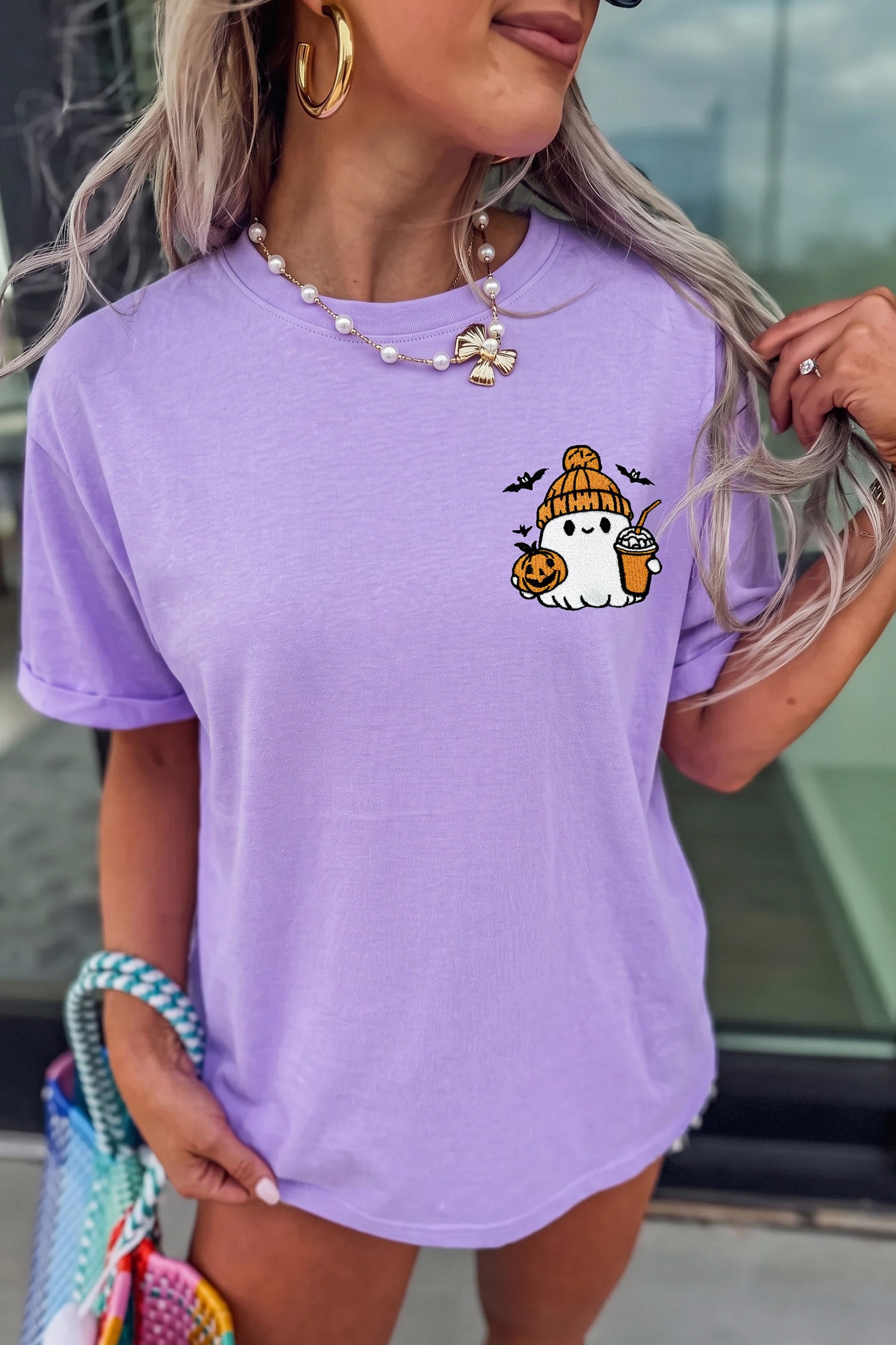 Wisteria Embroidered Halloween Ghost Cuffed Short Sleeve Graphic T-Shirt
