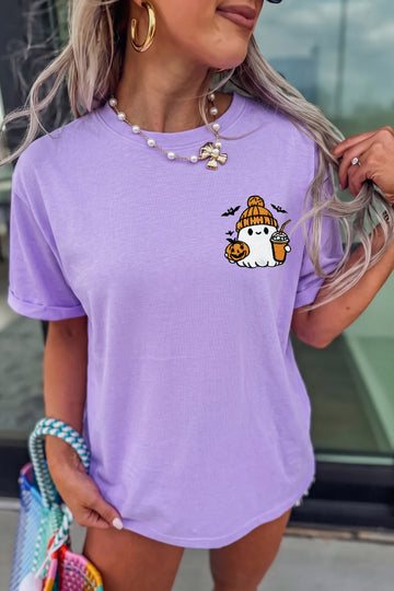 Wisteria Embroidered Halloween Ghost Cuffed Short Sleeve Graphic T-Shirt