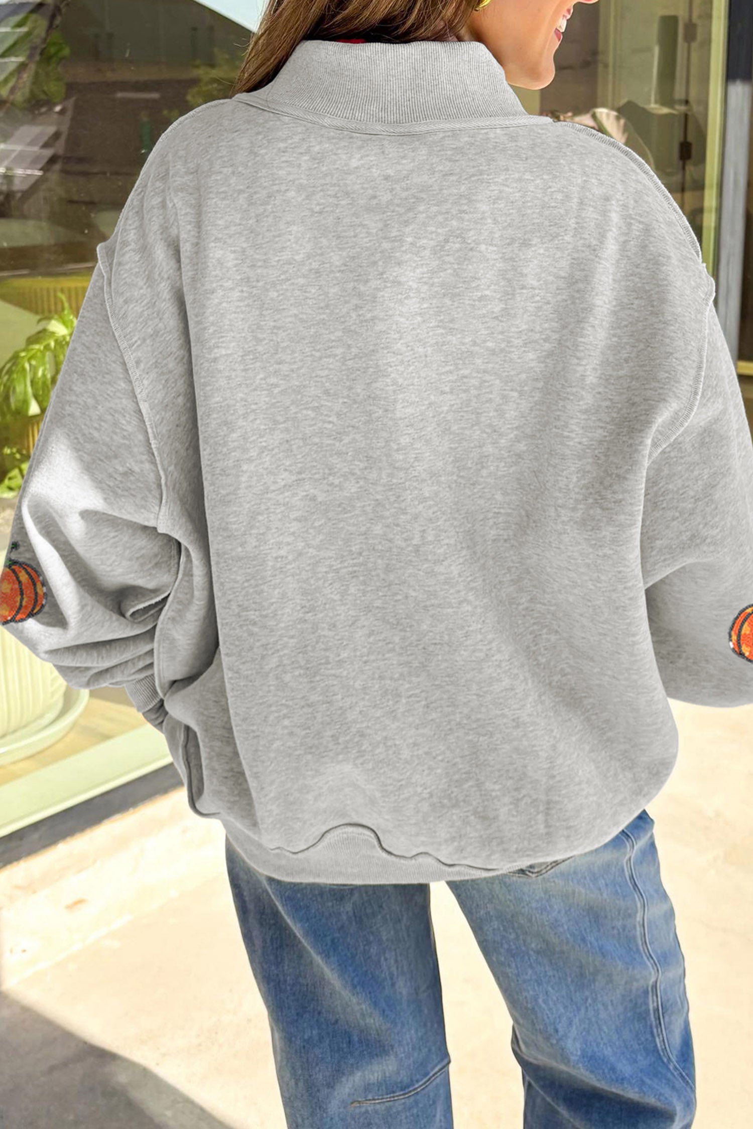 Light Grey Sequin Star Pumpkin Graphic Exposed Seam Mock Neck Sweatshirt
