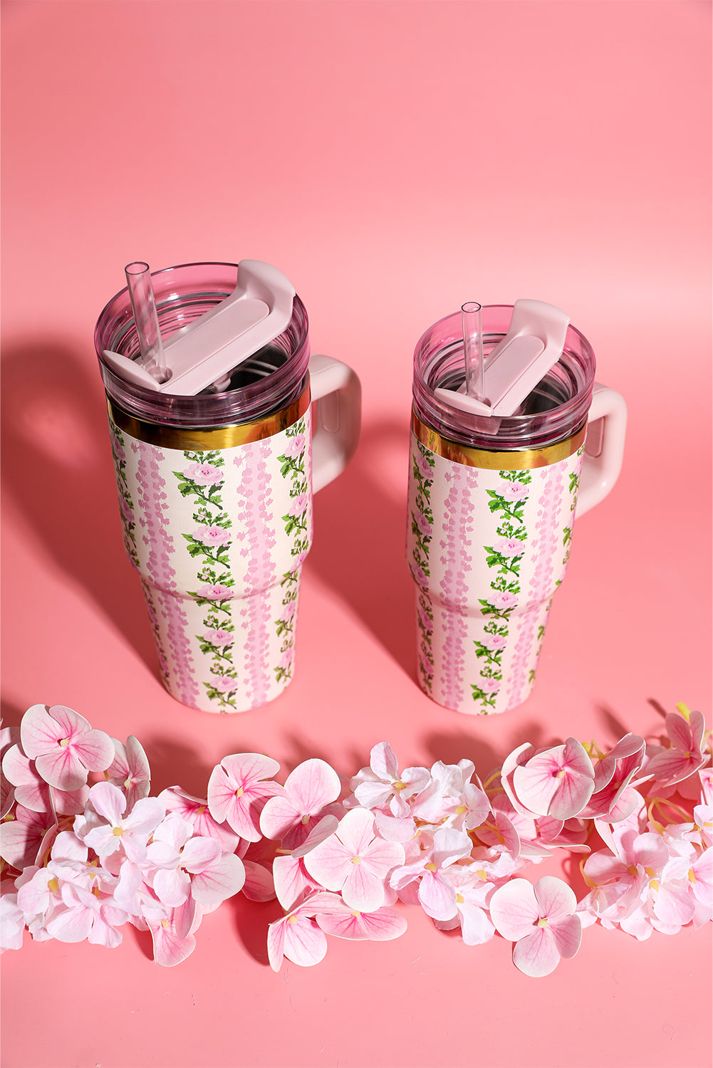 Pink 14/20 OZ Dainty Floral Print Stainless Steel Tumbler with Straw