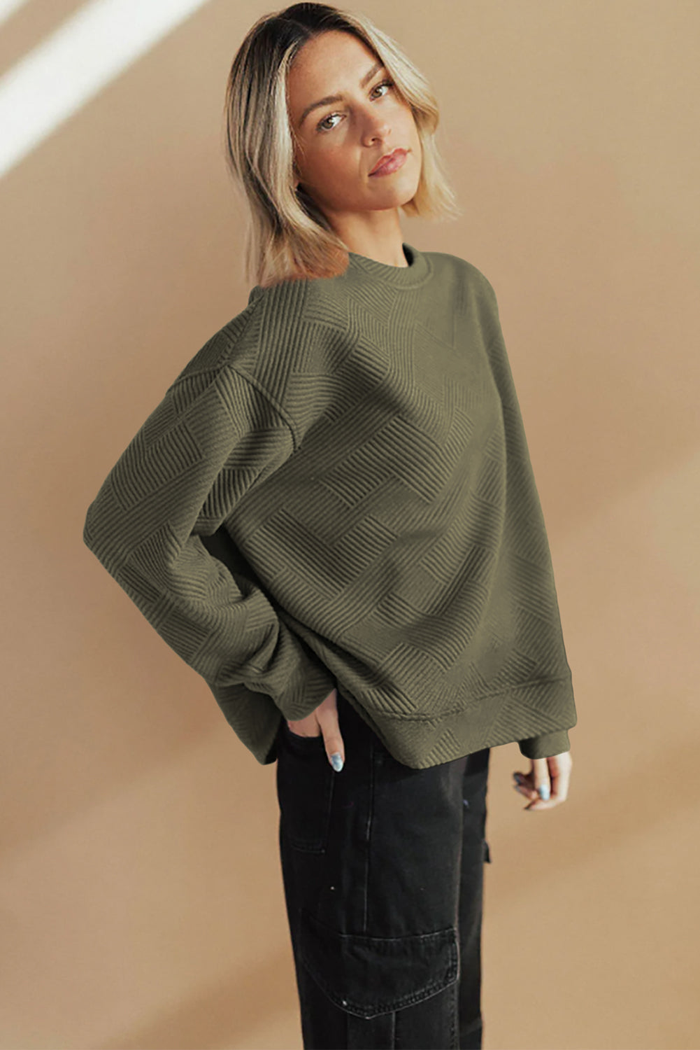 Jungle Green Solid Color Textured Round Neck Drop Shoulder Pullover Sweatshirt