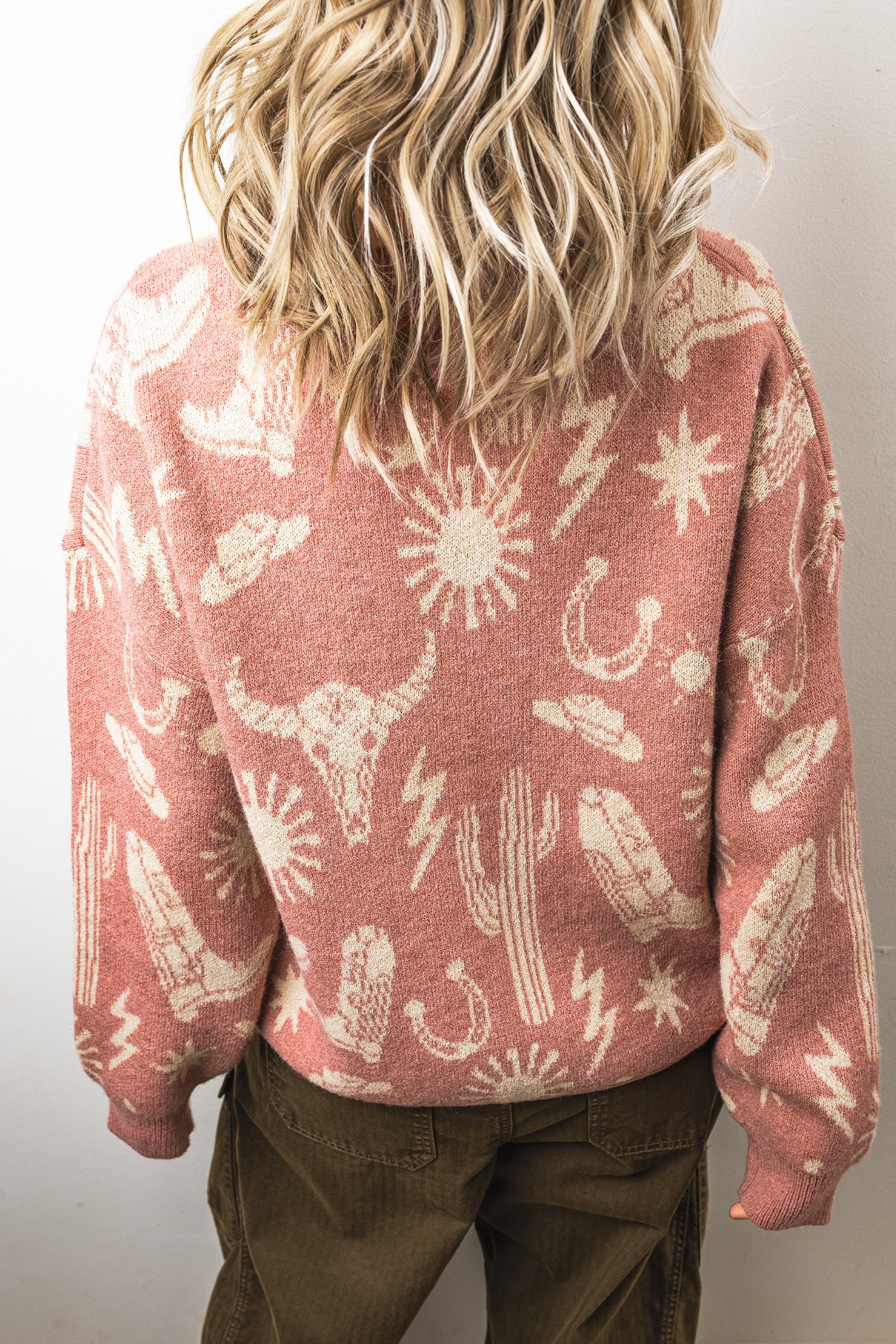 Peach Blossom Western Print Drop Shoulder Round Neck Long Sleeve Sweater