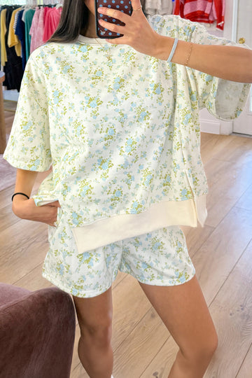 Sky Blue Floral Print Short Sleeve Elastic Waist Pocket Casual Two Piece Short Sets