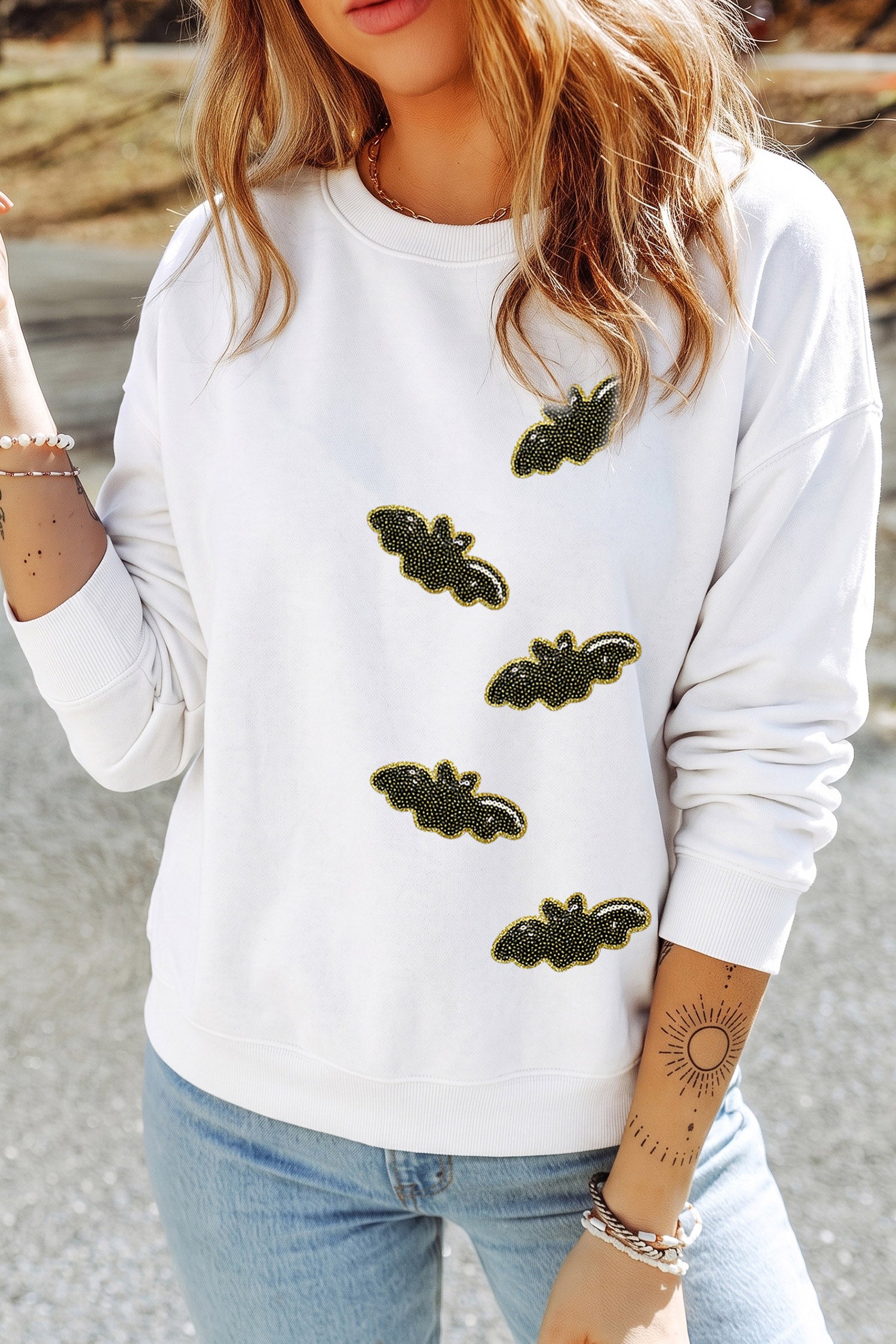 White Sequin Bat Pullover Drop Shoulder Halloween Sweatshirt