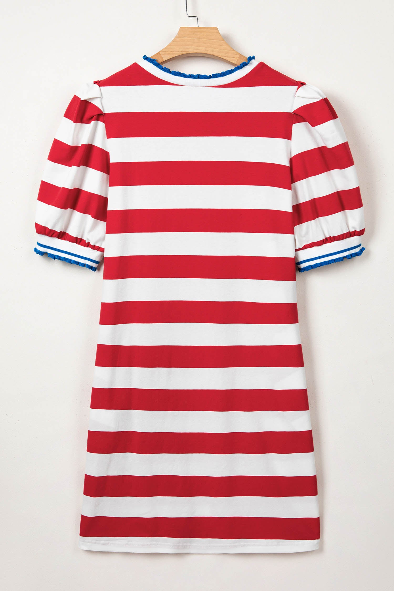 Red Stripe Patriotic Sequin Flowers Short Puff Sleeve T Shirt Shift Dress