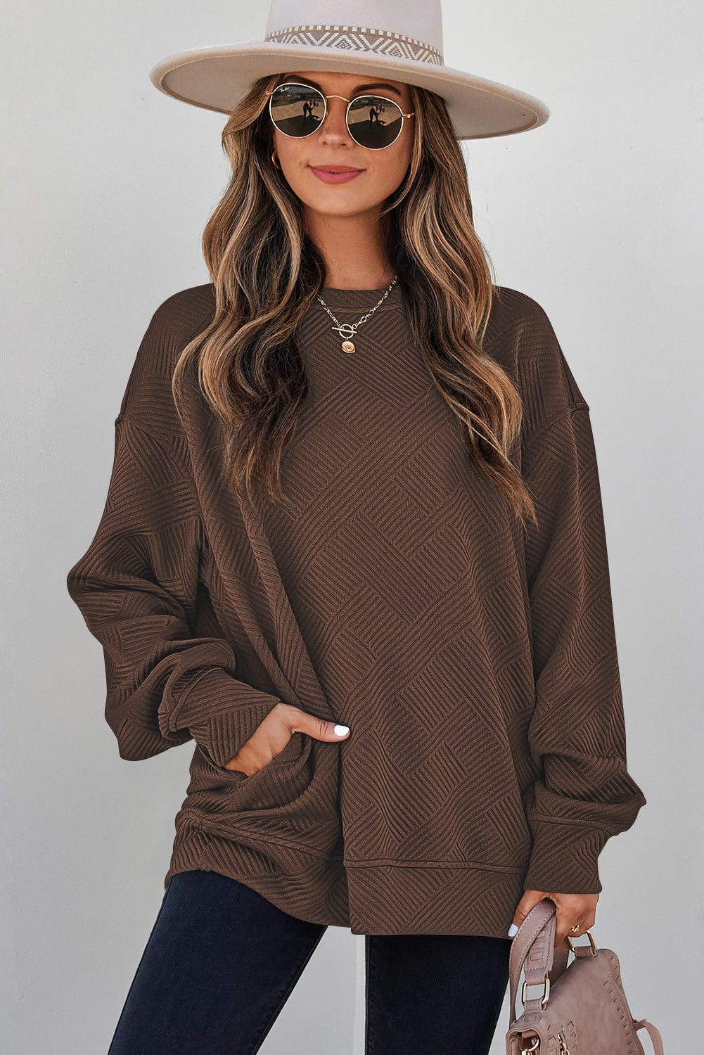 Coffee Solid Color Textured Round Neck Drop Shoulder Pullover Sweatshirt