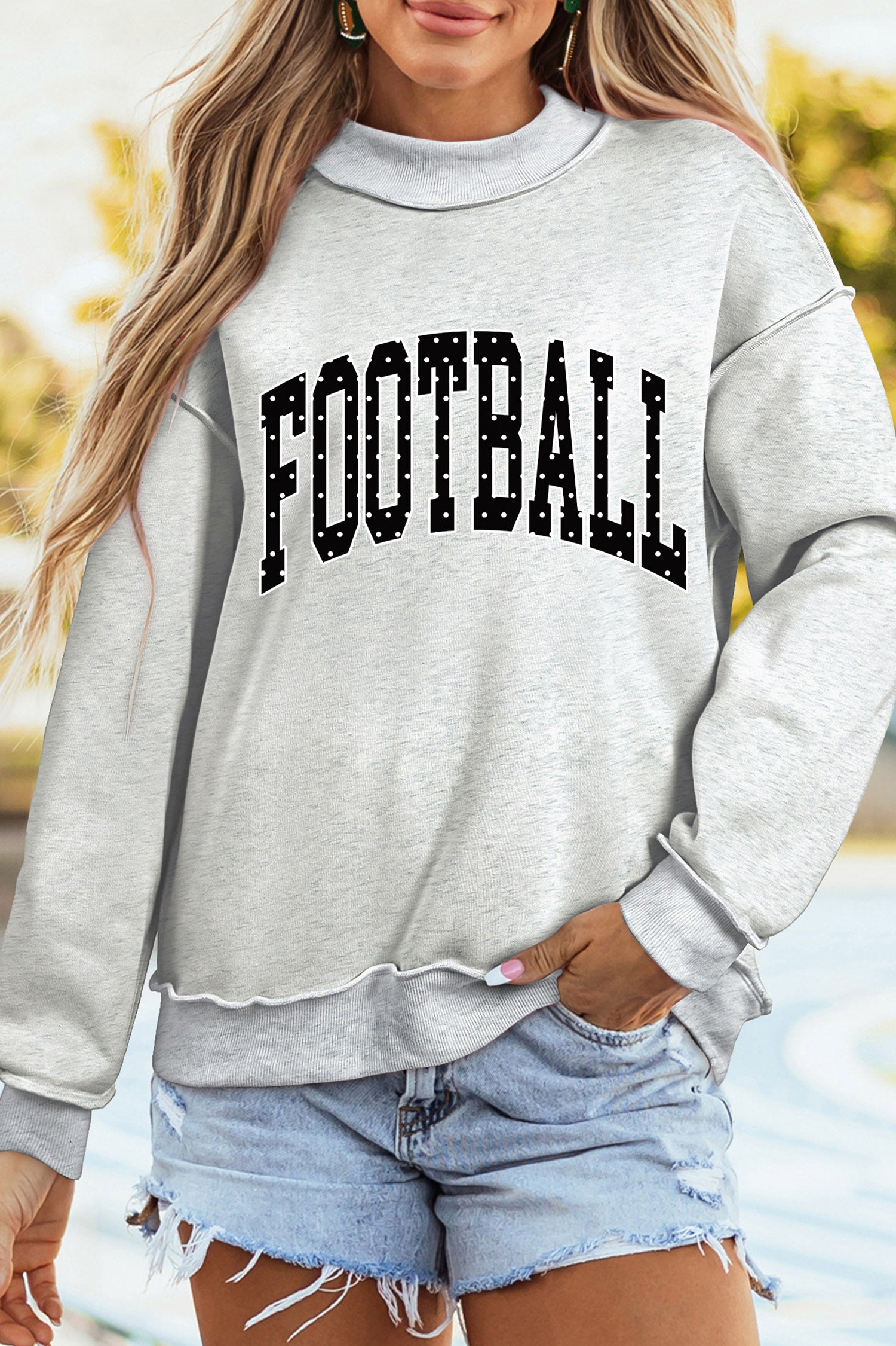 Light Grey Polka Dot Football Letter Print Mock Neck Long Sleeve Pullover Sweatshirt