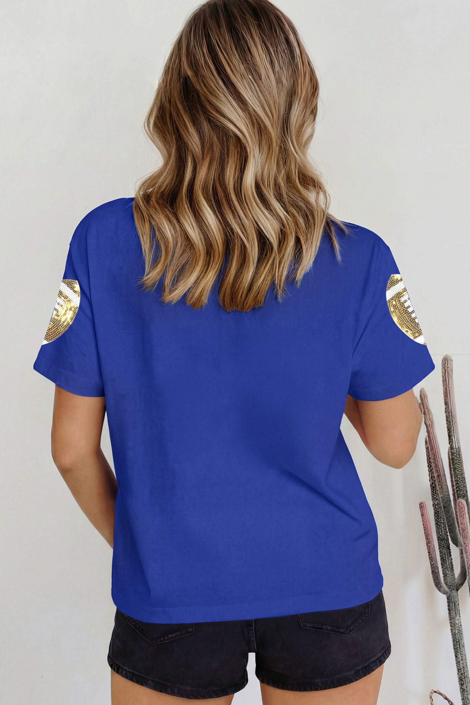 Dark Blue Sequin Rugby Pattern High Neck Game Day Shift T-Shirt