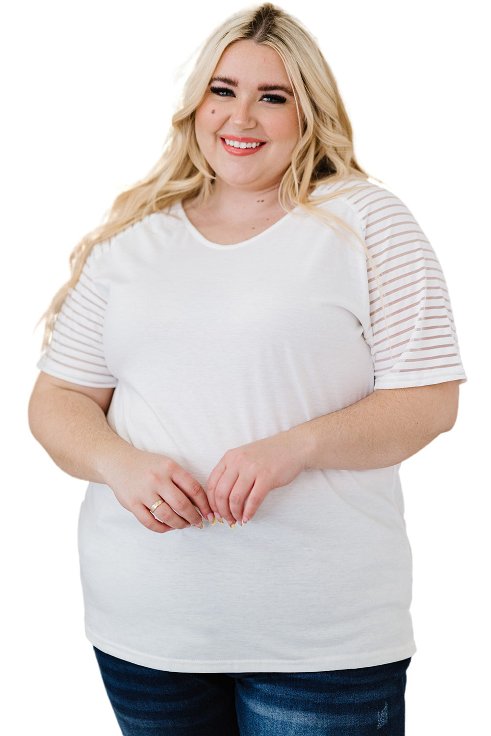 White Striped Raglan Sleeve Plus Size Tee
